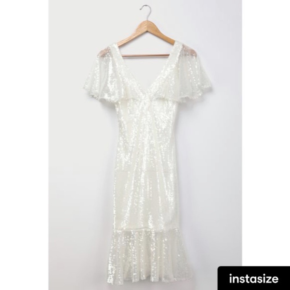 Maximum Sparkle White Sequin Flutter Sleeve Midi - image 1